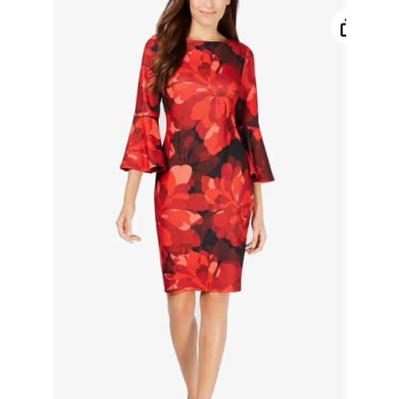 Calvin Klein Red Floral Bell Sleeve Sheath Dress Women's Size 6 Work Office Date - Picture 1 of 12